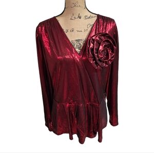 Alice Blue Scarlet Metallic 3D‎ Flower Surplice Peplum Babydoll Shirt Plus Sz 2X